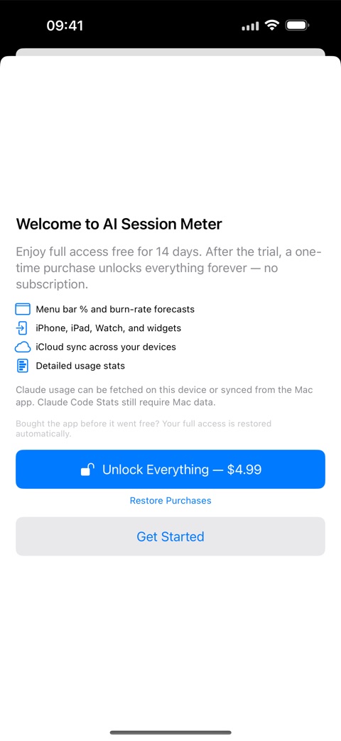 Unlock screen after the trial: one-time purchase button and Restore Purchases link