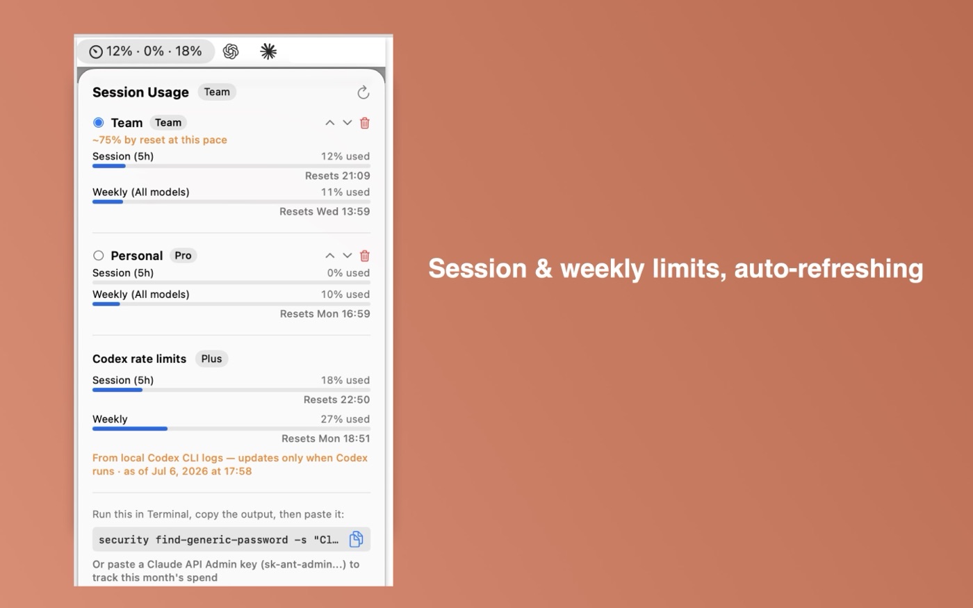 AI Session Meter Mac menu bar popover showing session and weekly meters for multiple accounts