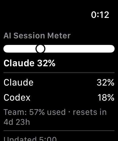 AI Session Meter Apple Watch app showing current session and weekly limits