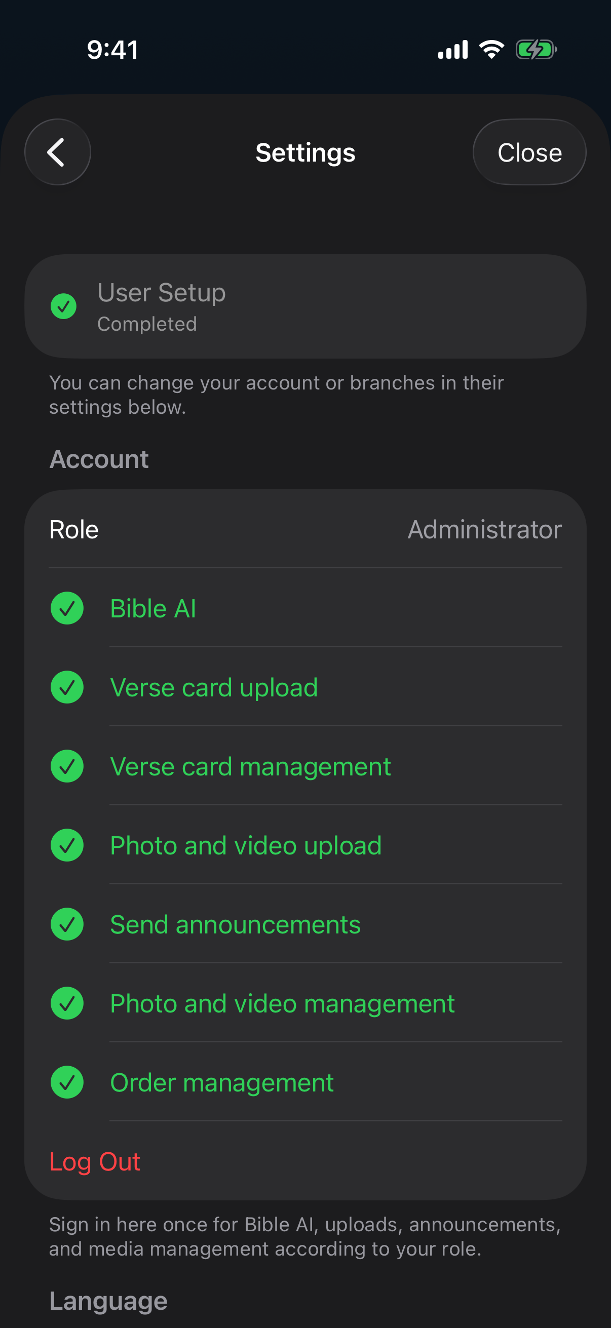Settings with a gray User Setup Completed summary and a green check